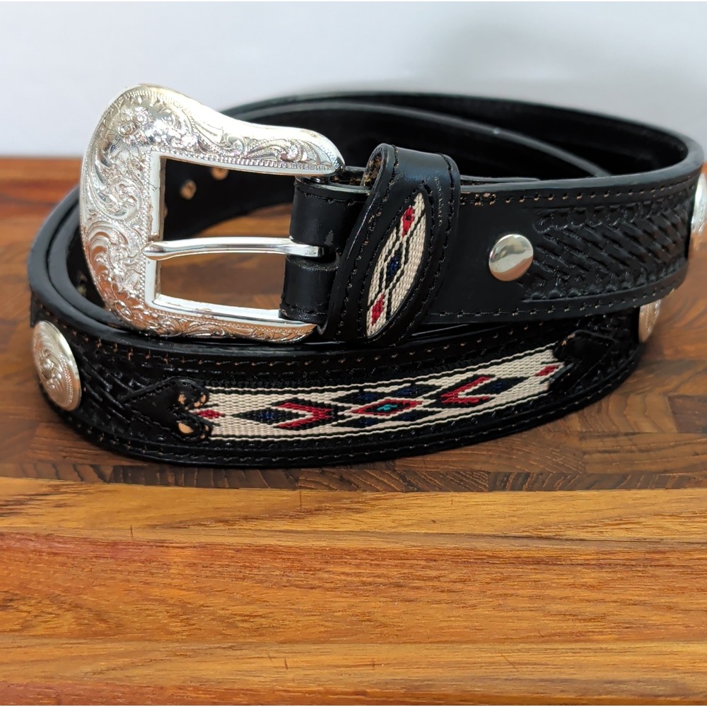 Nocona N2231601 Western Belt Black Leather Basketweave Silver Buckle Mens 42